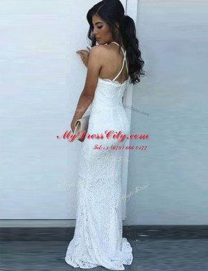 Stylish Brush Train Mermaid Dress for Prom White Square Lace Sleeveless Zipper