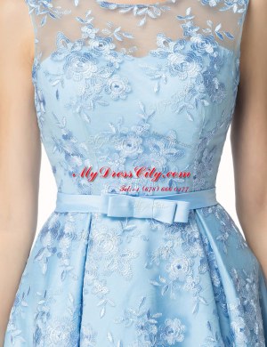 Comfortable Lace Blue Scoop Zipper Bowknot Cocktail Dresses Sleeveless