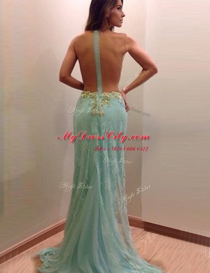 Graceful Scoop Lace Beading Prom Gown Turquoise Zipper Sleeveless Brush Train