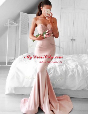 Sumptuous Mermaid With Train Zipper Evening Dress Pink for Prom and Party with Lace and Sashes ribbons Brush Train