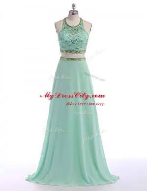 Adorable Scoop Apple Green Sleeveless Chiffon Sweep Train Criss Cross Prom Party Dress for Prom