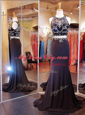 Modest Scoop Sleeveless With Train Beading and Appliques Zipper Prom Party Dress with Purple Court Train