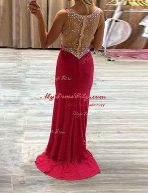 Inexpensive Hot Pink V-neck Zipper Beading Homecoming Dress Brush Train Sleeveless