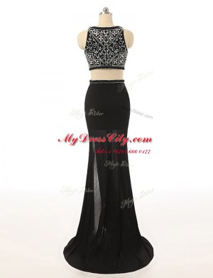 Black Sleeveless Sweep Train Beading With Train Prom Dresses