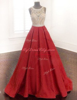 Glamorous Scoop Sleeveless Evening Dress Floor Length Beading Red Satin