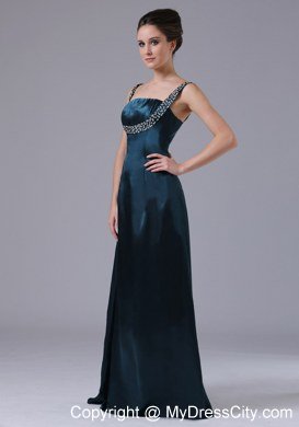 Beaded Decorate Shoulder Straps Taffeta Navy Blue Evening Dress