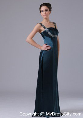 Beaded Decorate Shoulder Straps Taffeta Navy Blue Evening Dress