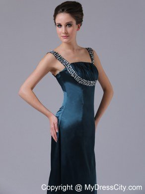 Beaded Decorate Shoulder Straps Taffeta Navy Blue Evening Dress