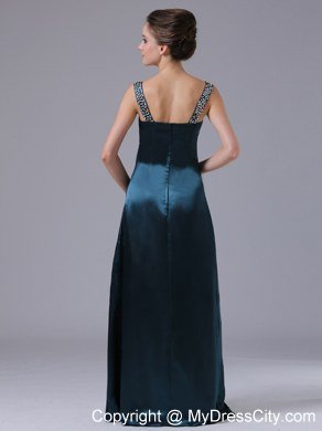 Beaded Decorate Shoulder Straps Taffeta Navy Blue Evening Dress