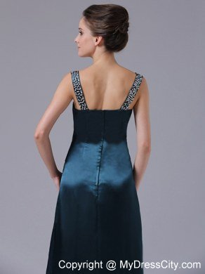 Beaded Decorate Shoulder Straps Taffeta Navy Blue Evening Dress