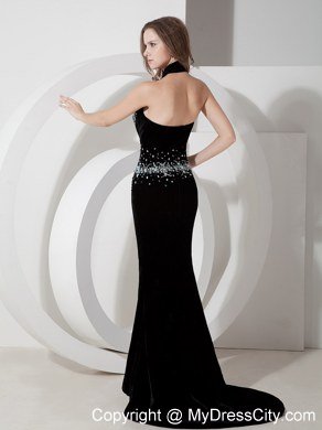 Black Mermaid Halter Long Silk Like Satin Beading Evening Dress