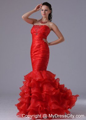 Red Mermaid Sheath Ruffles Layered and Ruches Evening Dresses