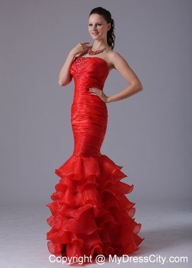 Red Mermaid Sheath Ruffles Layered and Ruches Evening Dresses