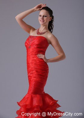 Red Mermaid Sheath Ruffles Layered and Ruches Evening Dresses