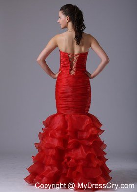 Red Mermaid Sheath Ruffles Layered and Ruches Evening Dresses