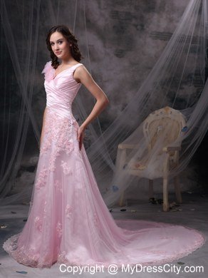 Pretty Baby Pink Princess V-neck Lace 2013 Evening Dress