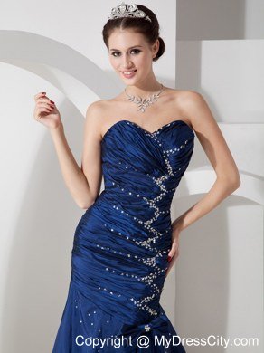 Exquisite Navy Blue Mermaid Evening Dress with Beading and Ruches