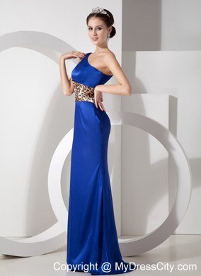 Exclusive Blue Column One Shoulder Evening Dress with Leopard