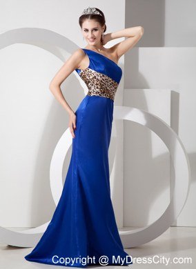 Exclusive Blue Column One Shoulder Evening Dress with Leopard