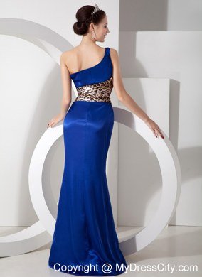 Exclusive Blue Column One Shoulder Evening Dress with Leopard