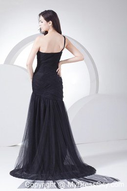 Black One Shoulder Beading and Ruches Evening Dress For 2013