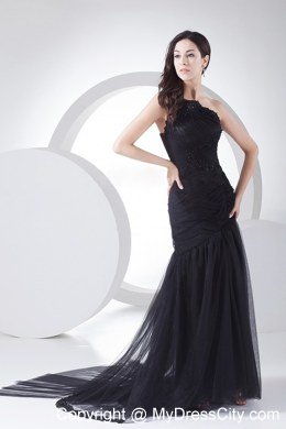 Black One Shoulder Beading and Ruches Evening Dress For 2013