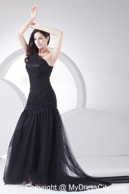 Black One Shoulder Beading and Ruches Evening Dress For 2013