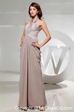 Halter Empire Beading Grey Chiffon Evening Dresses for Celebrity