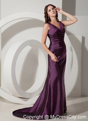 Dark Purple V-neck Column Ruches Long Prom Evening Dresses 