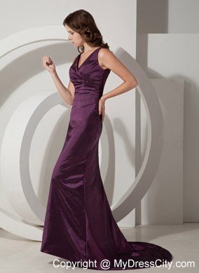 Dark Purple V-neck Column Ruches Long Prom Evening Dresses 