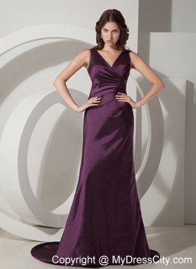 Dark Purple V-neck Column Ruches Long Prom Evening Dresses 