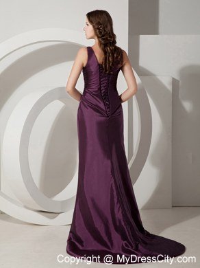 Dark Purple V-neck Column Ruches Long Prom Evening Dresses 