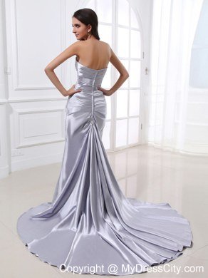 Silver Custom Made Evening Dresses with Ruched Bodice Beading