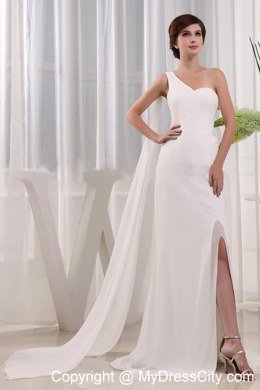 High Slit Column One Shoulder Evening Dress with Watteau Train