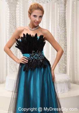 Feather and Beaded Decorate Bust Tulle and Taffeta Evening Dress