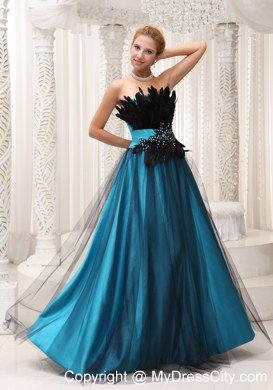 Feather and Beaded Decorate Bust Tulle and Taffeta Evening Dress