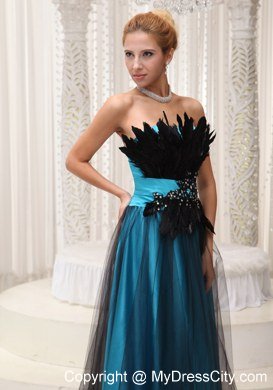 Feather and Beaded Decorate Bust Tulle and Taffeta Evening Dress