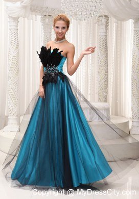 Feather and Beaded Decorate Bust Tulle and Taffeta Evening Dress