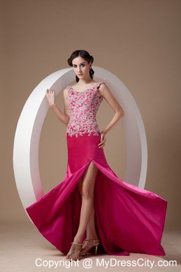 2013 Sweet Fuchsia Appliques High Slit Evening Dress for Cheap