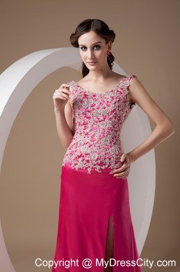 2013 Sweet Fuchsia Appliques High Slit Evening Dress for Cheap