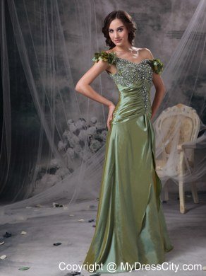 Olive Green Evening Dresses Off The Shoulder Beading and Ruches