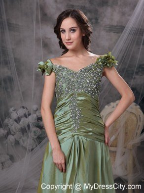 Olive Green Evening Dresses Off The Shoulder Beading and Ruches