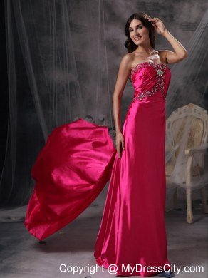 Hot Pink Strapless Evening Formal Gowns with Beading and Ruches