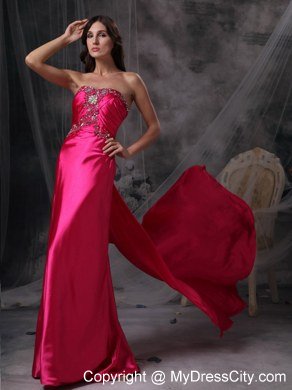 Hot Pink Strapless Evening Formal Gowns with Beading and Ruches