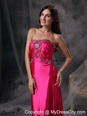 Hot Pink Strapless Evening Formal Gowns with Beading and Ruches