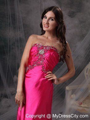 Hot Pink Strapless Evening Formal Gowns with Beading and Ruches