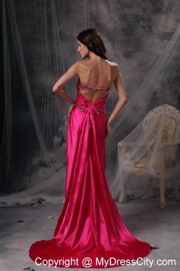 Hot Pink Strapless Evening Formal Gowns with Beading and Ruches