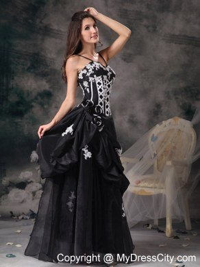 Black Spaghetti Straps Prom Evening Dresses with Appliques Pick-ups