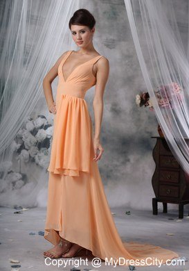 Sexy High Slit 2013 High-low Evening Dress with Orange V-neck