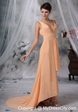 Sexy High Slit 2013 High-low Evening Dress with Orange V-neck